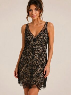 Basix Black Label Beaded Cocktail Dress Size 8 Black Nude Illusion V-Back Formal